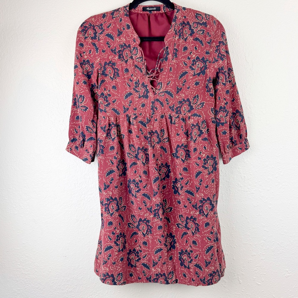 Madewell Burgundy Floral 100% Silk Lace Up Mini Dress G3054 Red Navy Womens S